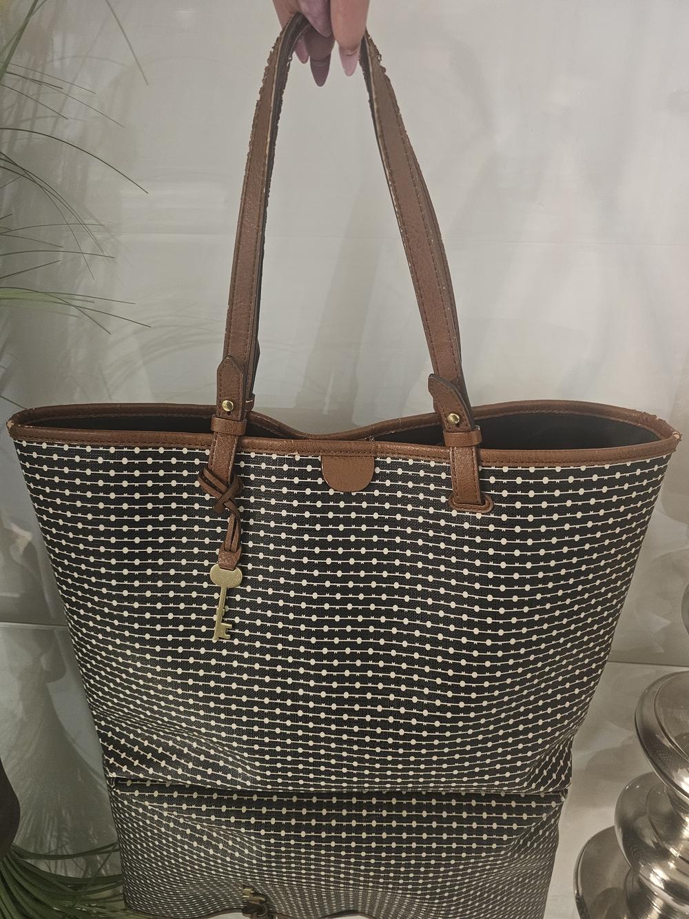 Fossil Rachel Black & White Woven Tote with Brown Trim